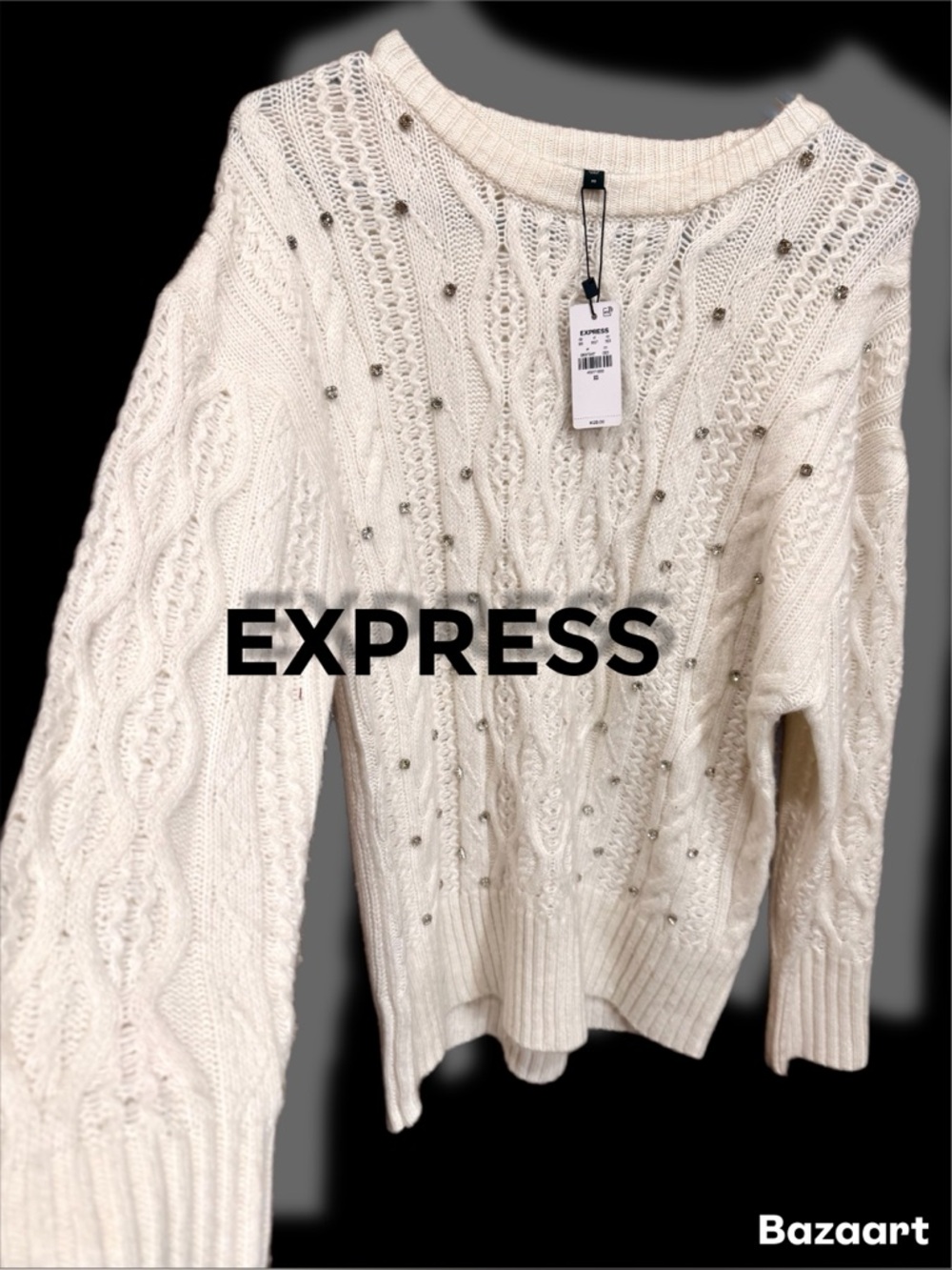 Express Cream Cable-Knit Sweater with Bead Embellishments